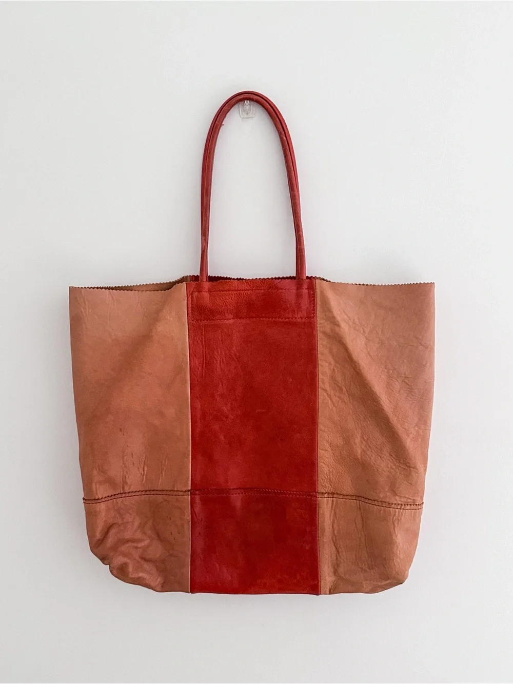 Banana Republic Leather Tote Color Block Tan & Red Patchwork Shoulder Bag - Picture 1 of 15